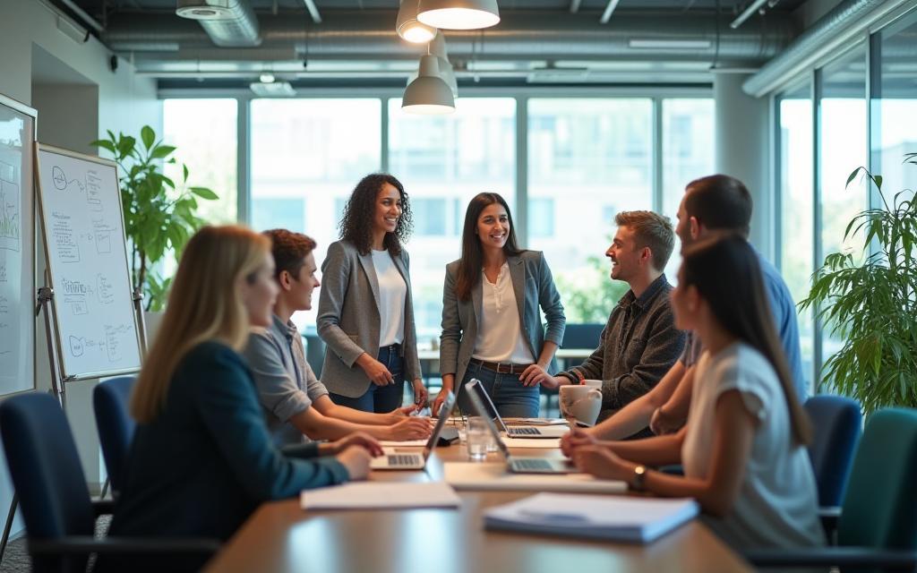 Team of diverse professionals collaborating in a modern office environment.