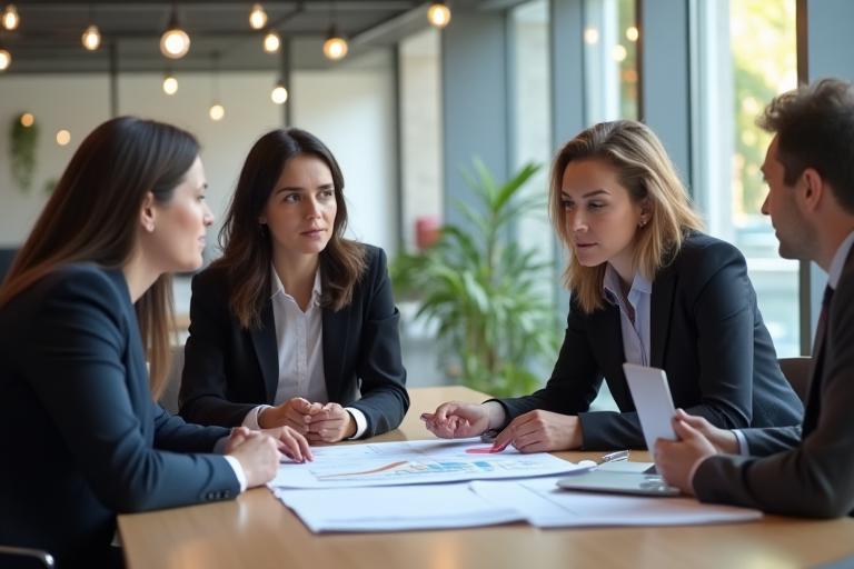 Consultants discussing project plans in a modern office.