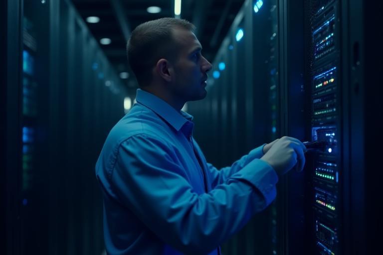 Technician performing maintenance on server racks.