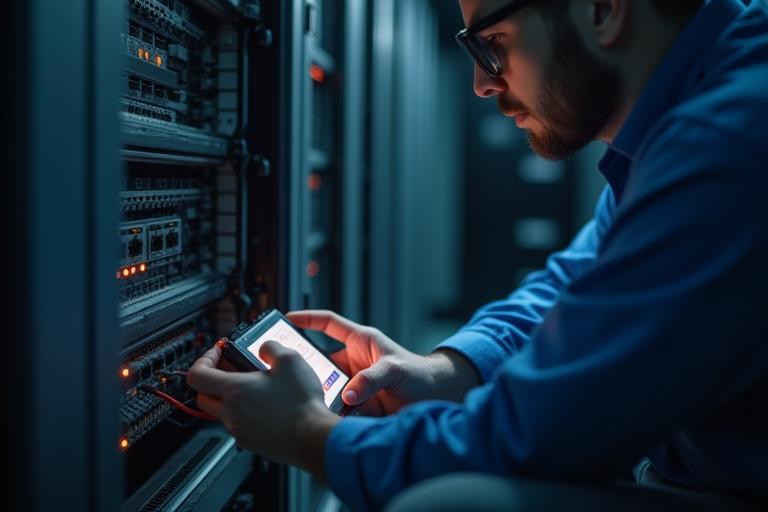 Technician using specialized equipment for network testing.