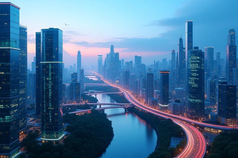 Smart city concept with connected buildings and data streams.